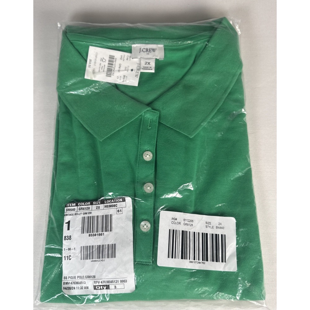 J.Crew Womens Short Sleeve Pique Polo Shirt 2X Kelly Green‎ Classic Preppy NWT